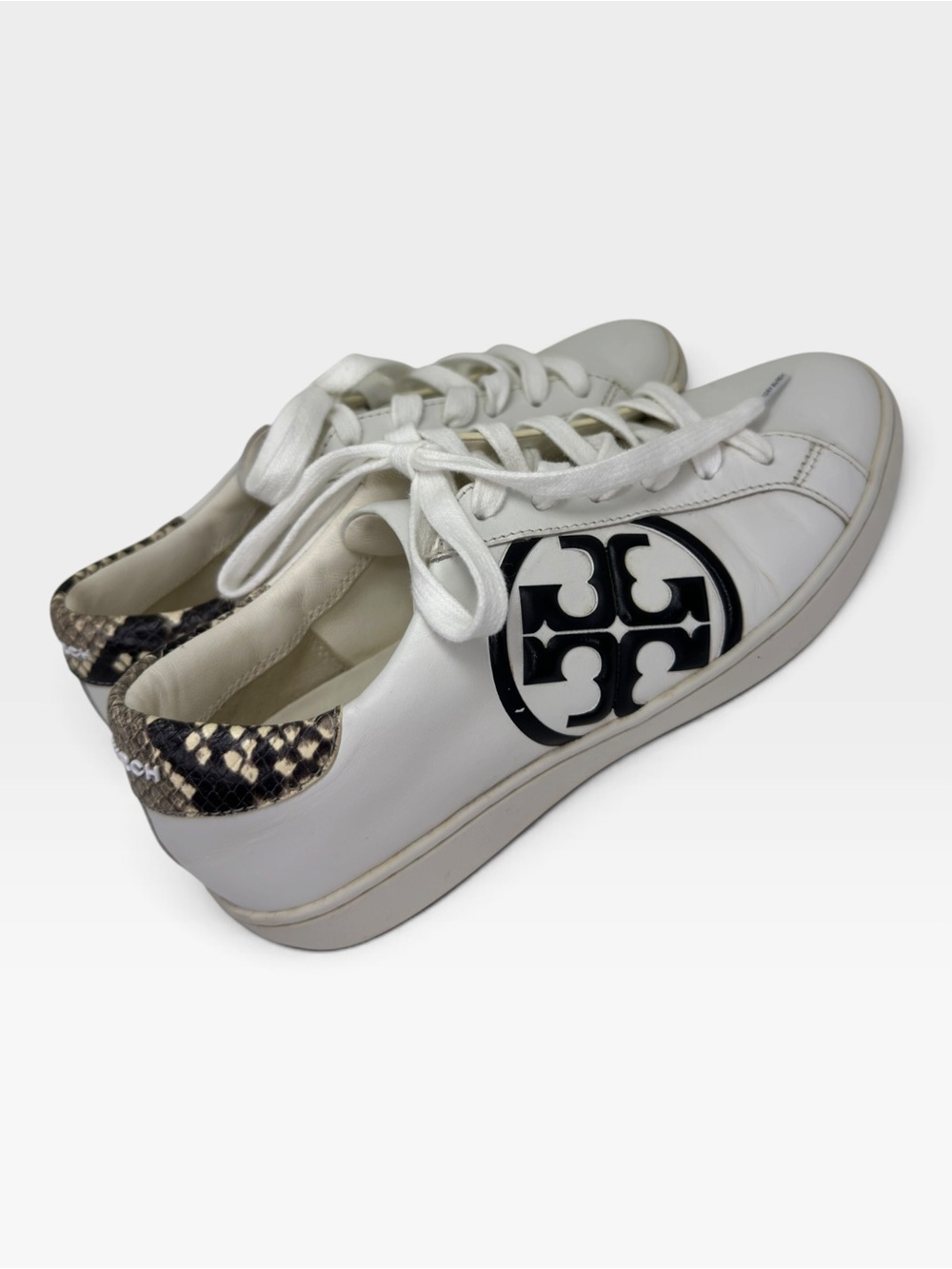 Tory Burch White Leather Logo Sneaker with Snake-Print Heel SIZE 6.5 W